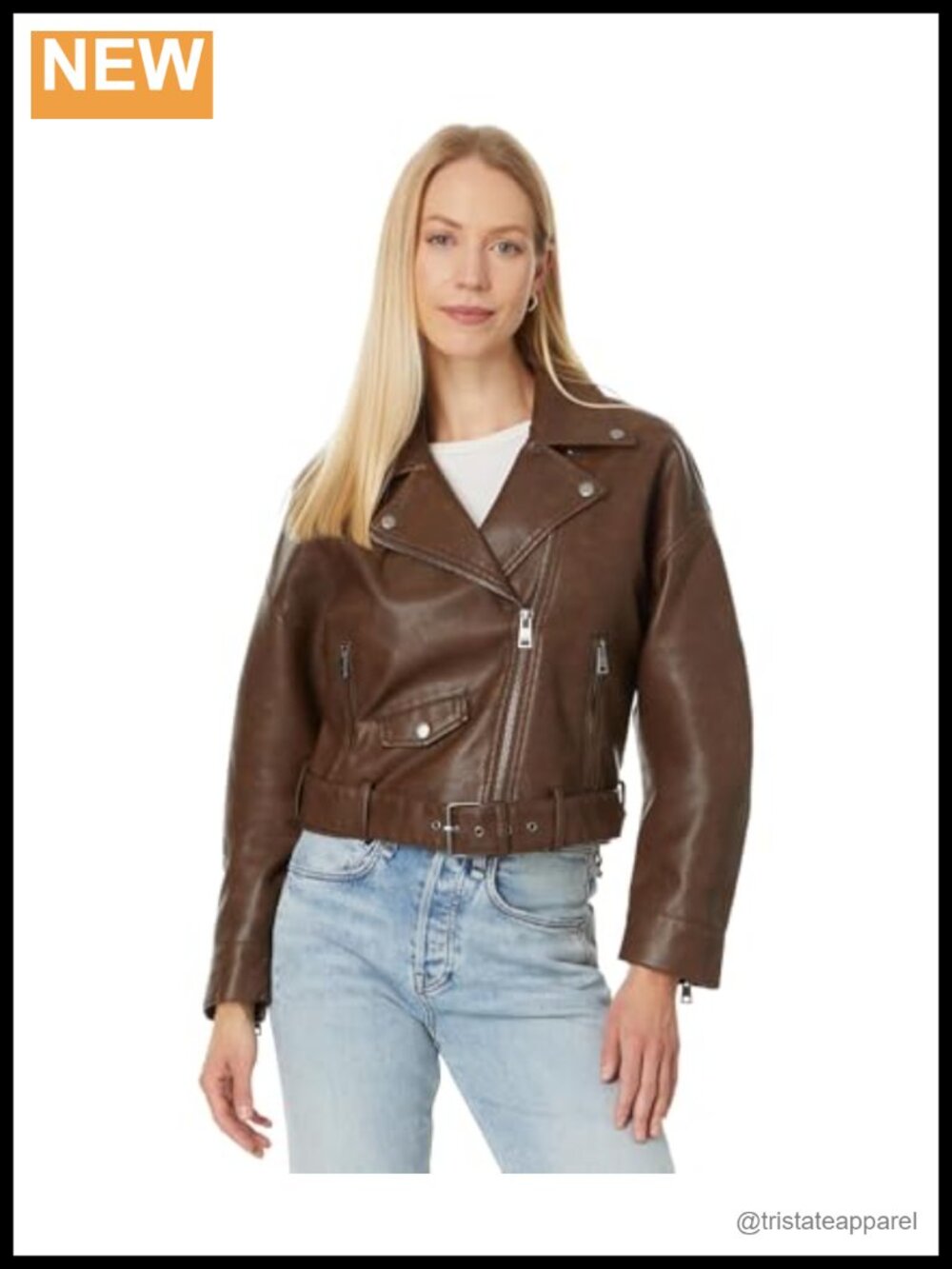 Women's Faux Leather Cropped Moto Jacket with Removable Belt